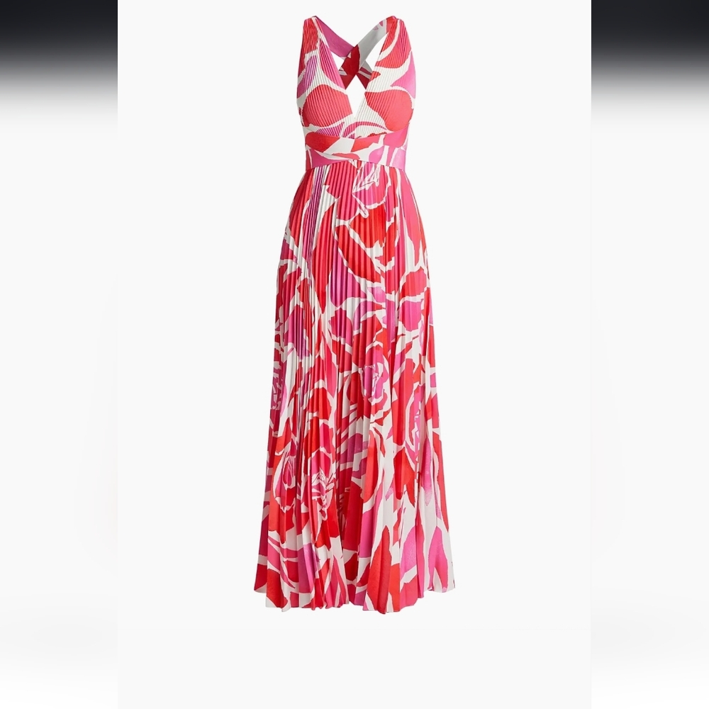 Milly Pink, Red & White Floral Pleated Maxi Dress